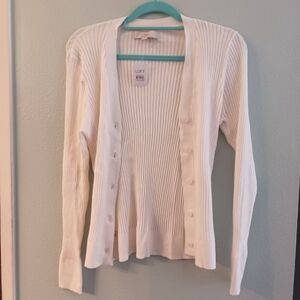 White Ribbed V-Neck Cardigan | LOFT | Size L | NWT